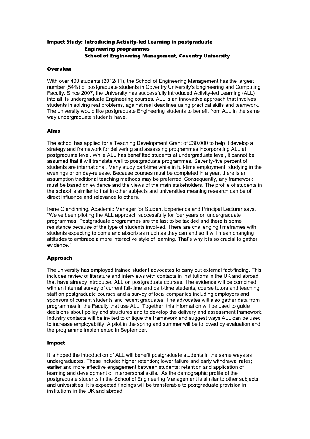 Impact Study: Introducing Activity-Led Learning in Postgraduate Engineering Programmes