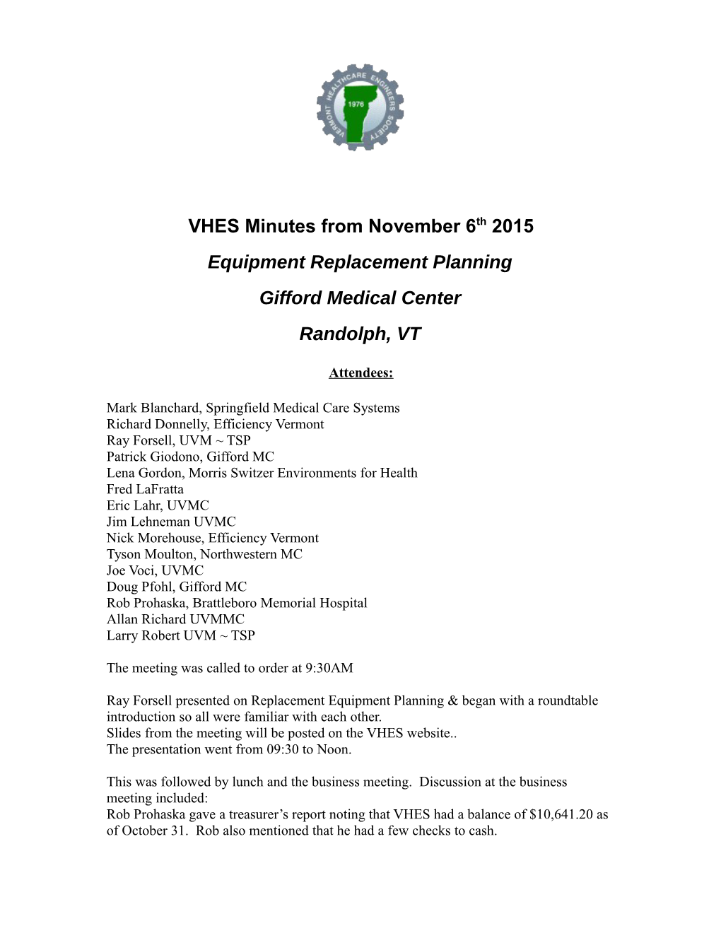 VHES Minutes from November 6Th2015