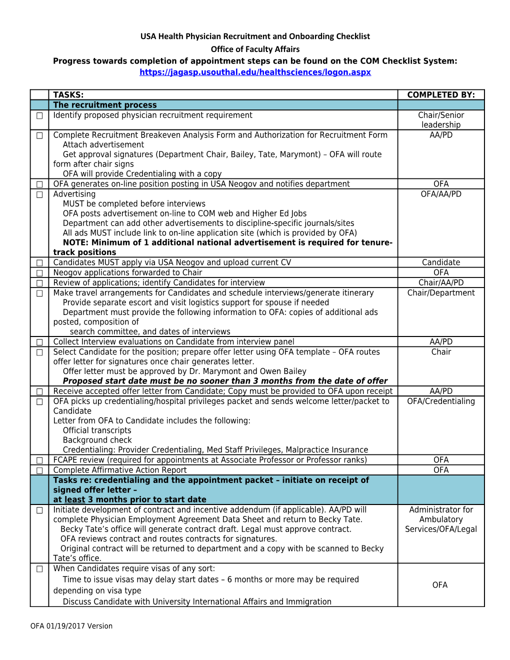 USA Health Physician Recruitment and Onboarding Checklist