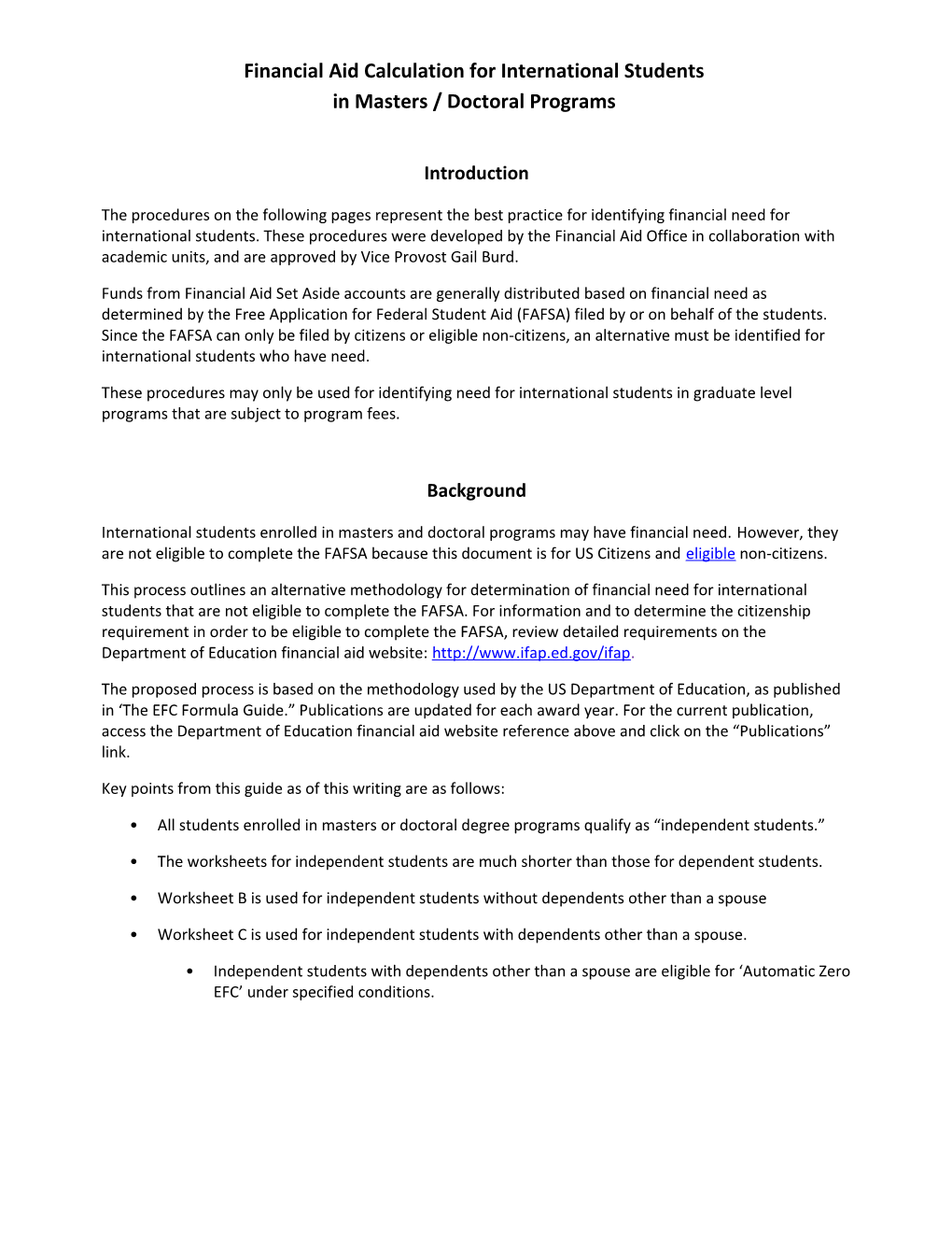 Financial Aid Calculation for International Students in Masters / Doctoral Programs