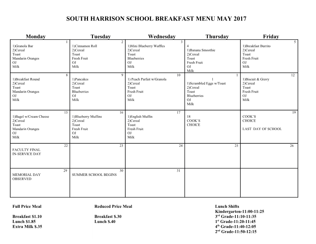 South Harrison School Breakfast Menu May 2017