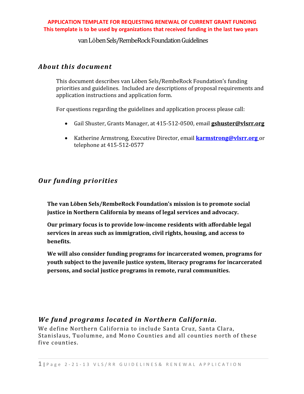 The Vanlobensels/Remberock Foundation Proposal Guidelines