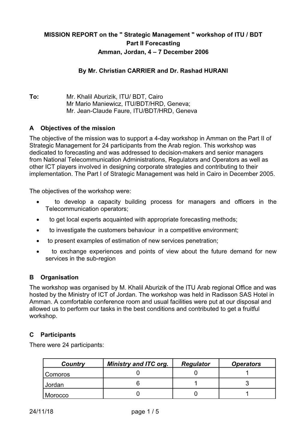 MISSION REPORT on the Strategic Management Workshop of ITU / BDT