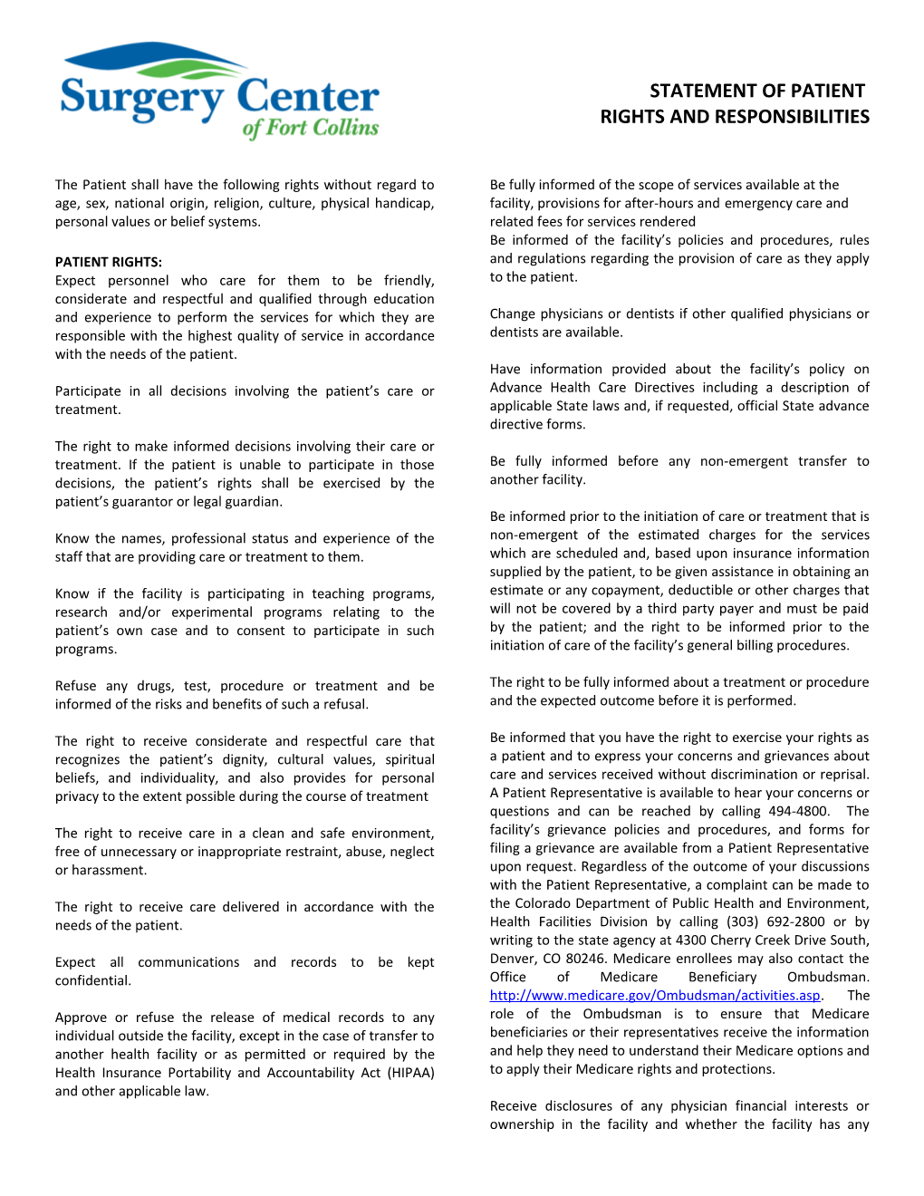 Statement of Patient Rights and Responsibilities