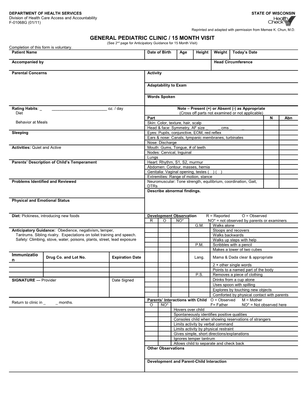 Healthcheck General Pediatric Clinic / 15 Month Visit