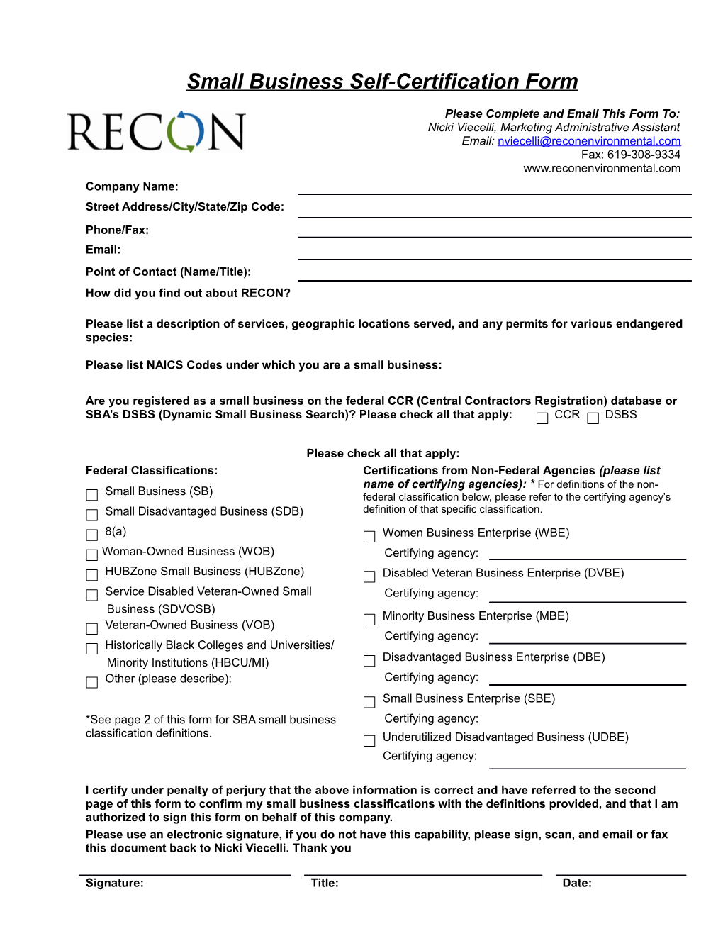 Small Business Self-Certification Form