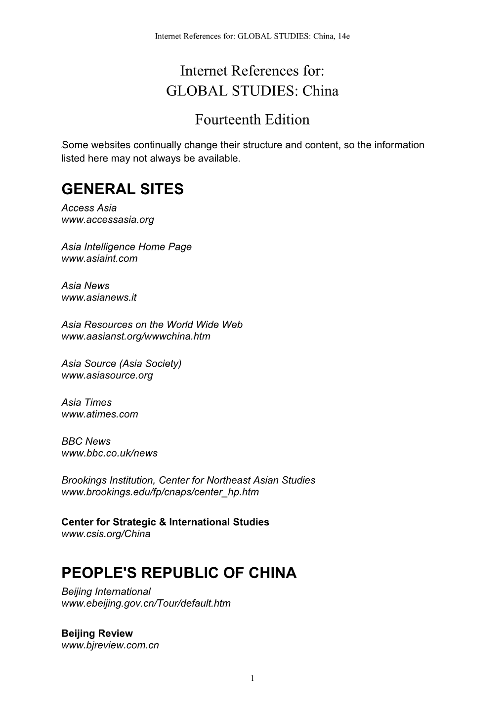 Selected World Wide Web Sites for Global Studies: China