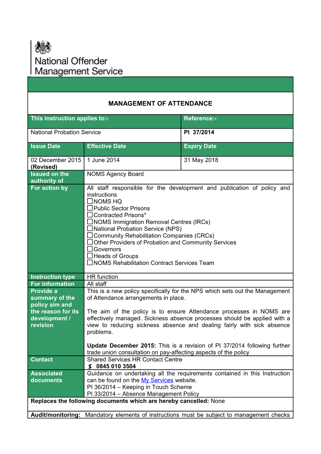 PI 37/2014: Management of Attendance