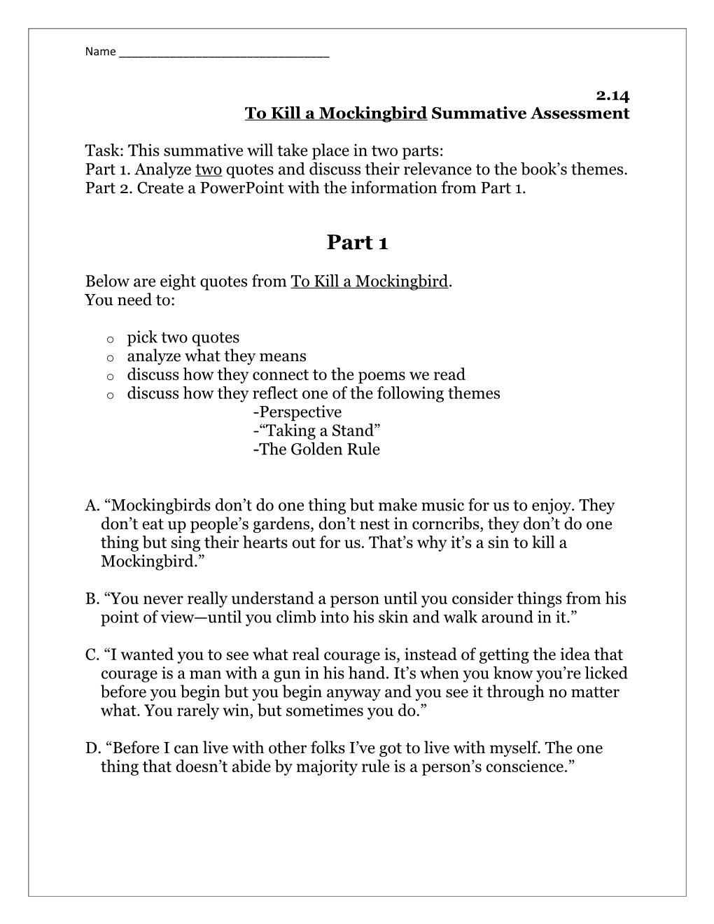 To Kill a Mockingbird Summative Assessment