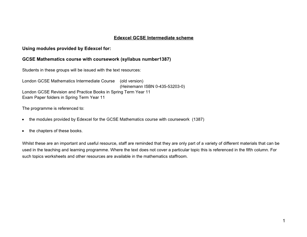 Edexcel GCSE Intermediate Scheme of Work