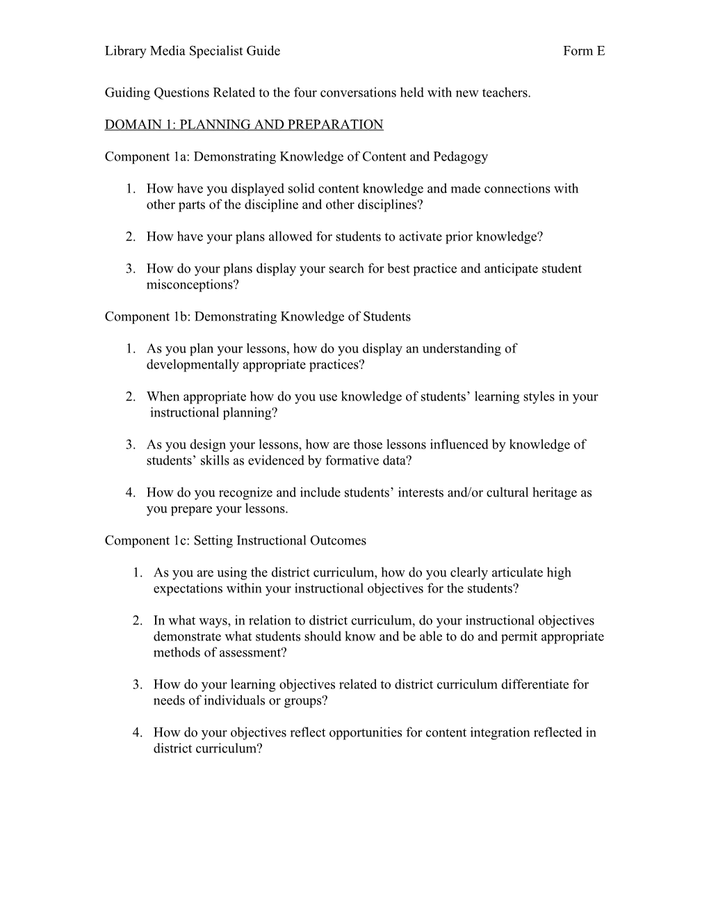 Guiding Questions Related to the Four Conversations Held with New Teachers