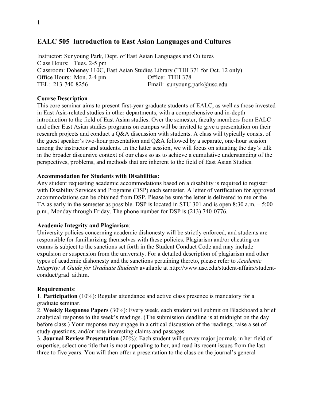 EALC 505 Introduction to East Asian Languages and Cultures