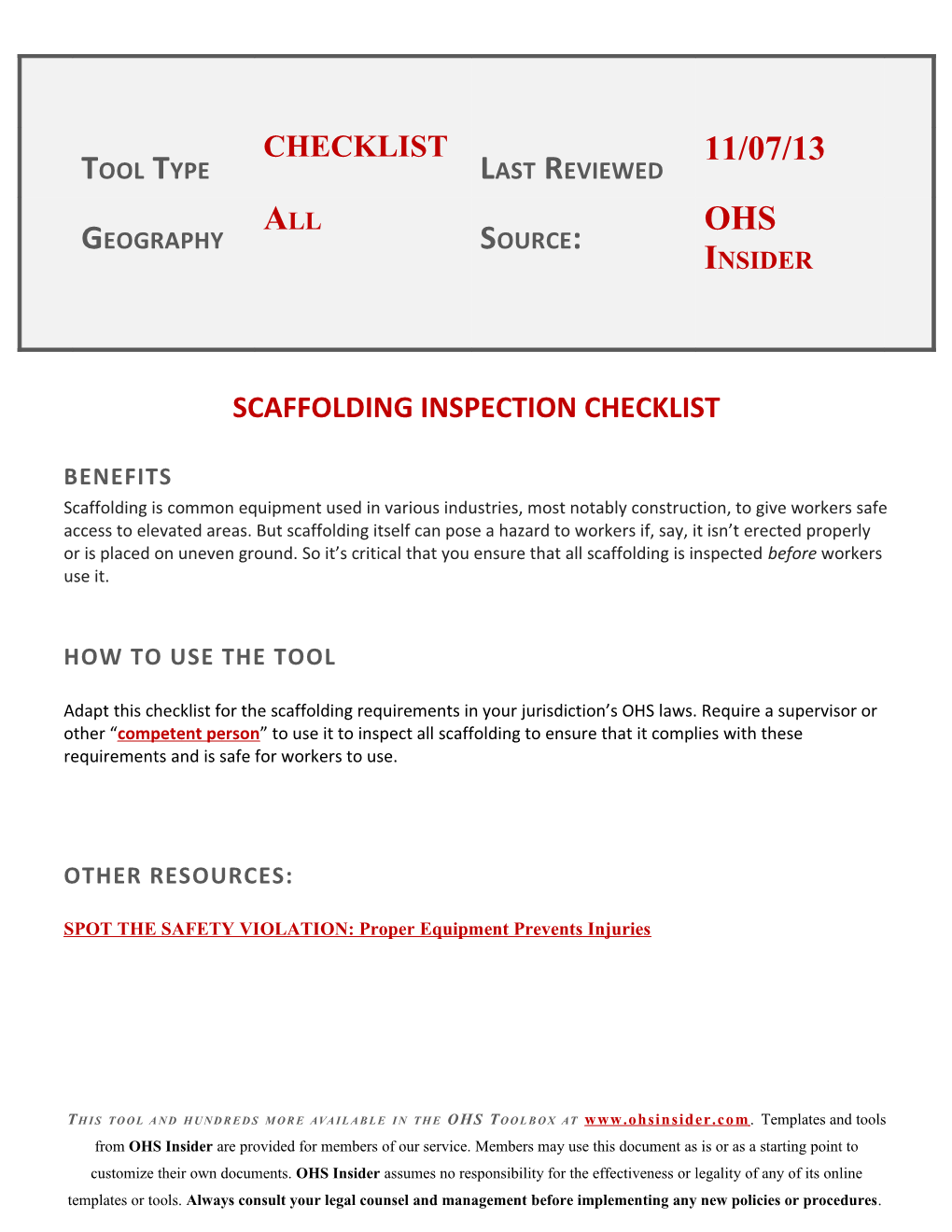 Scaffolding Inspection Checklist