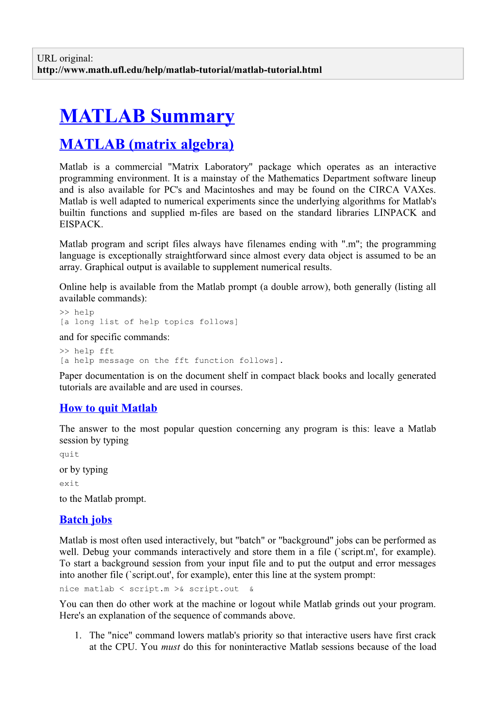 Matlab Summary and Tutorial