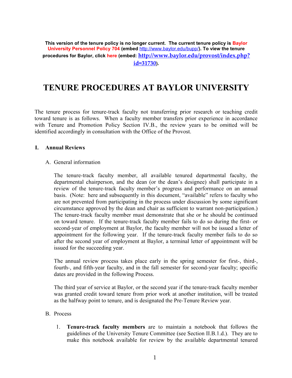 Tenure Policy and Procedures of Baylor University