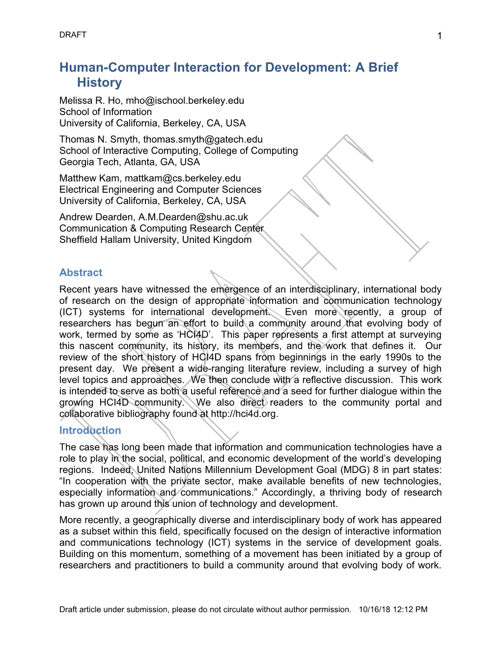 Human-Computer Interaction for Development: Our Brief History