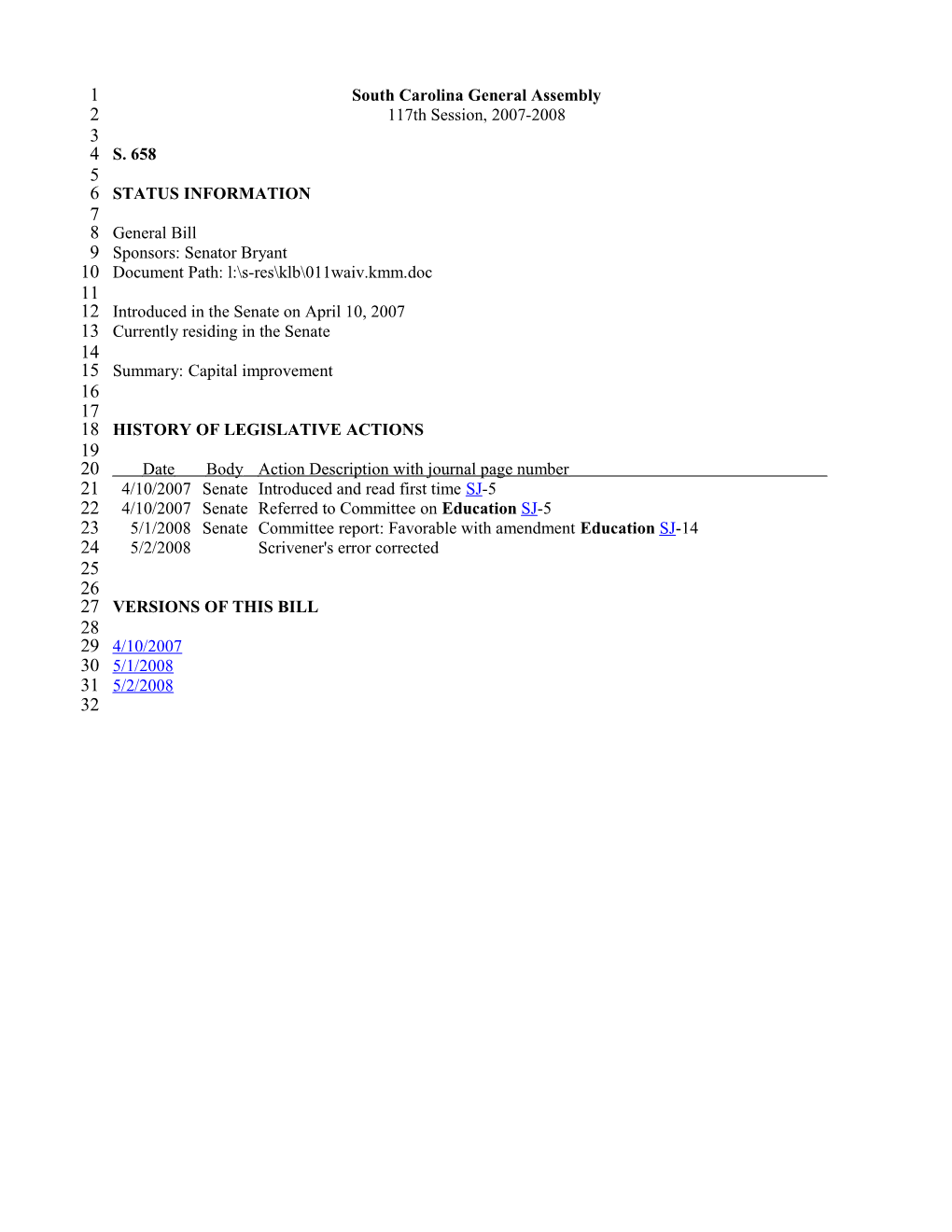 2007-2008 Bill 658: Capital Improvement - South Carolina Legislature Online