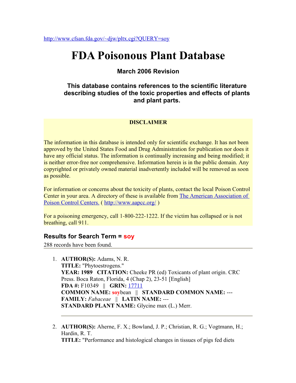 FDA Poisonous Plant Database