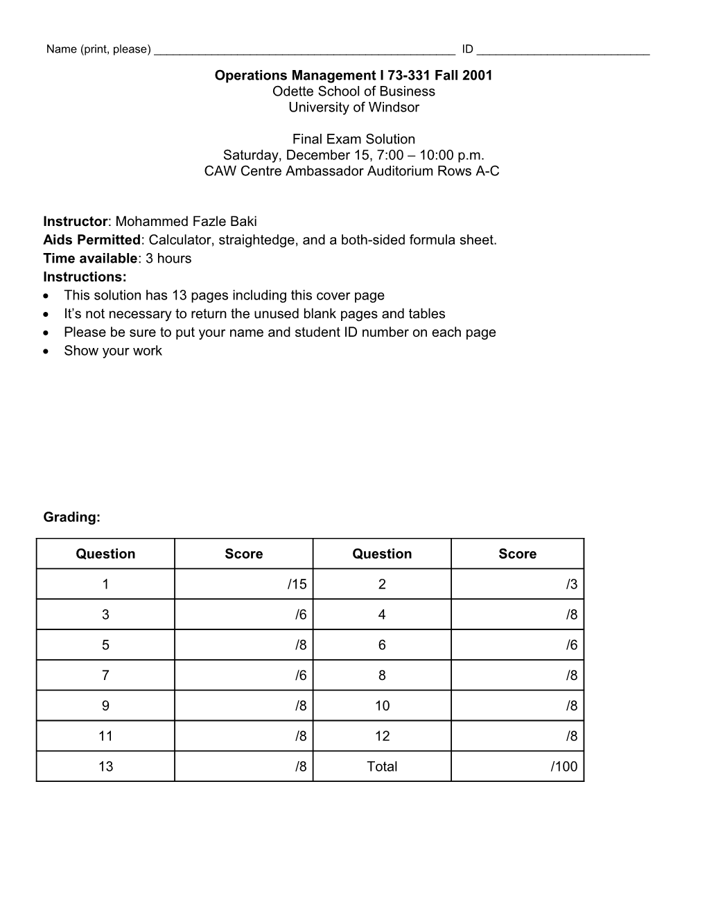 Operations Management I 73-331 Fall 2001