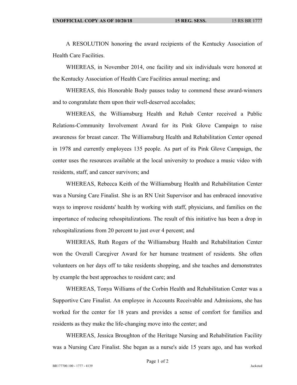A RESOLUTION Honoring the Award Recipients of the Kentucky Association of Health Care Facilities