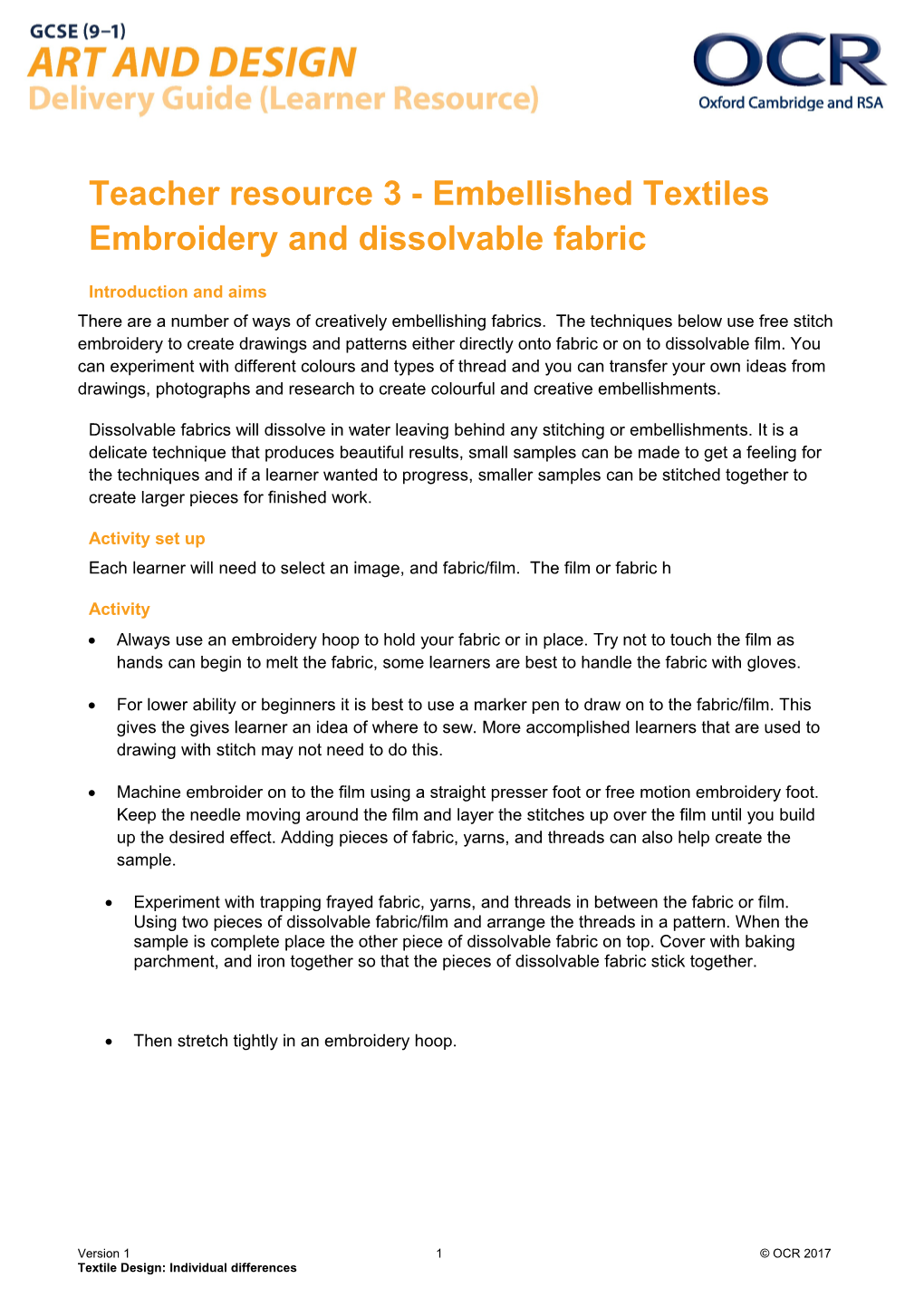 GCSE (9-1) Art and Design Delivery Guide (Teacher Resource) - 3 Embellished Textiles Embroidery