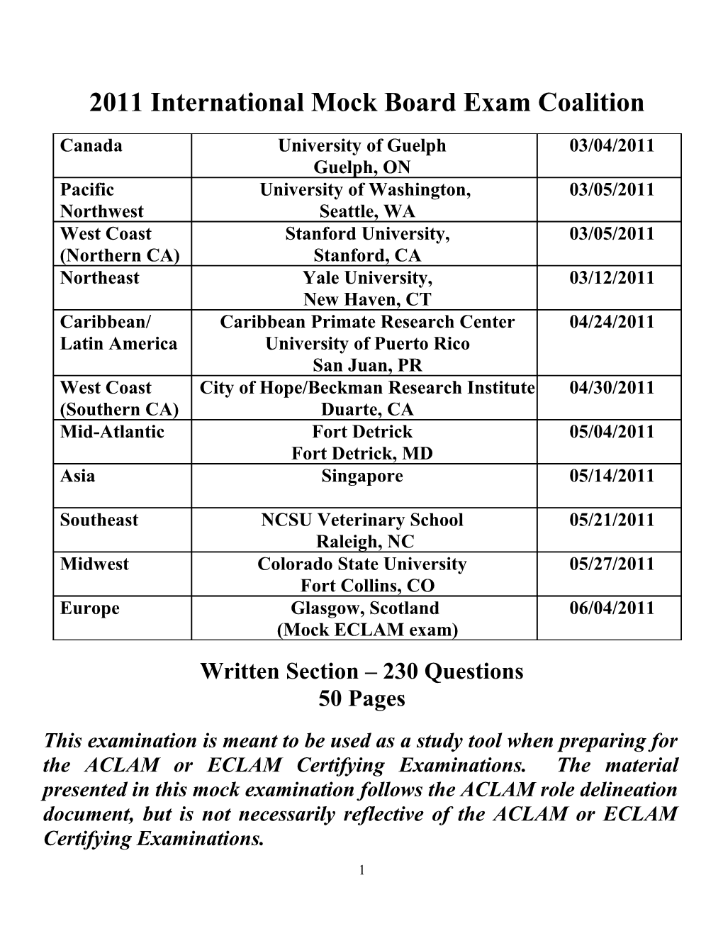 2011 International Mock Board Exam Coalition