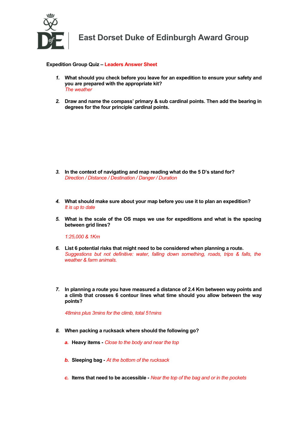 Expedition Group Quiz Leaders Answer Sheet