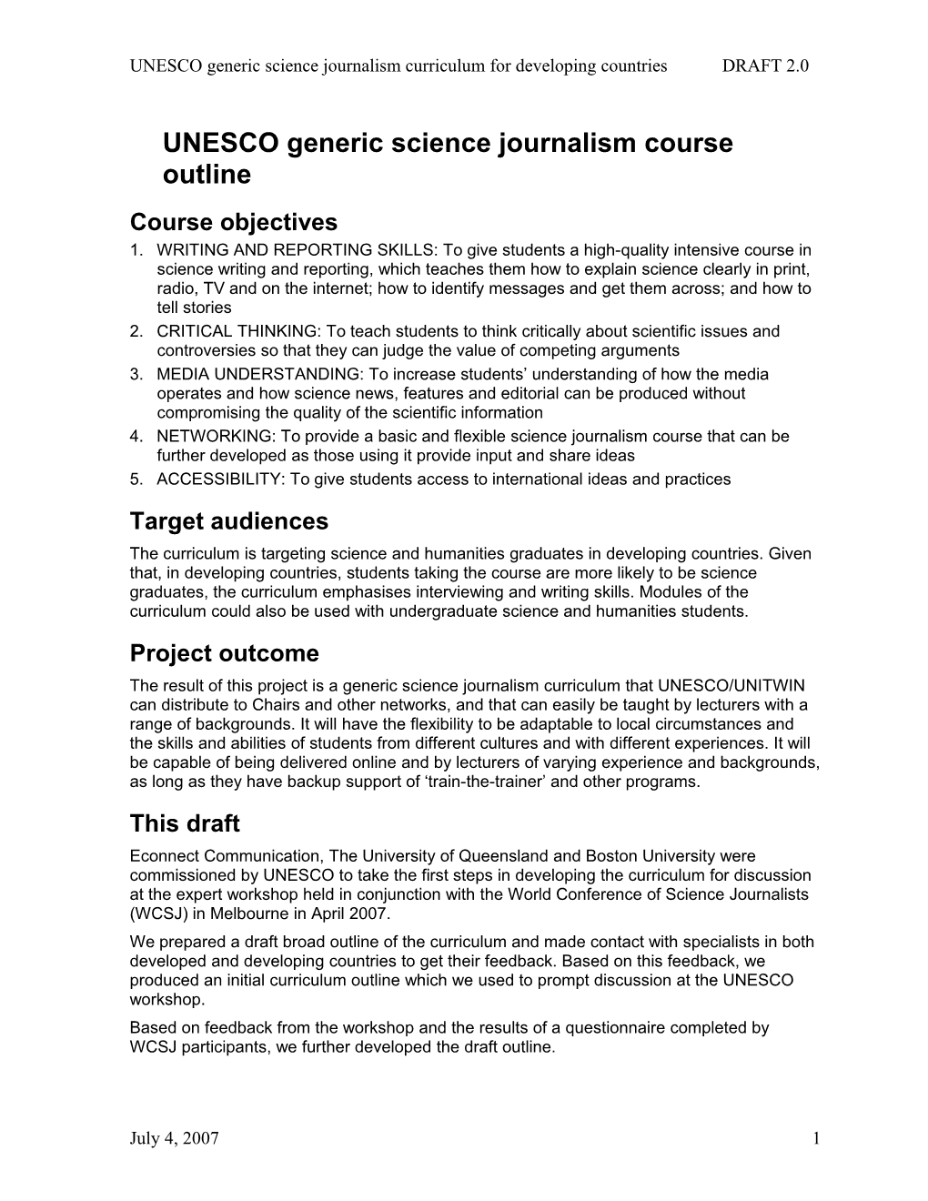 UNESCO Draft Generic Science Journalism Outline