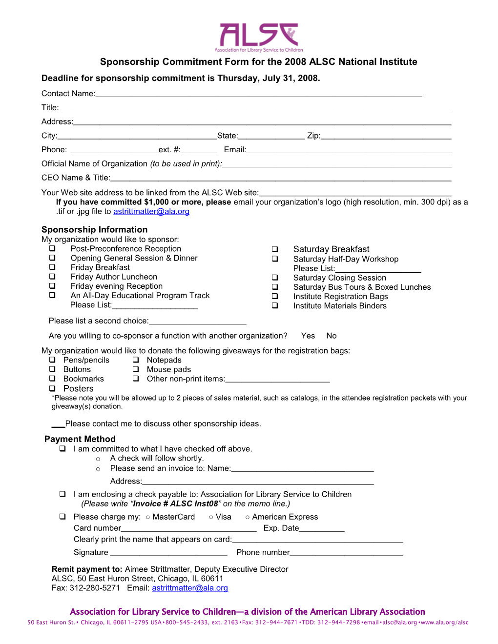 Sponsorship Commitment Form for the 2006 ALSC Institute