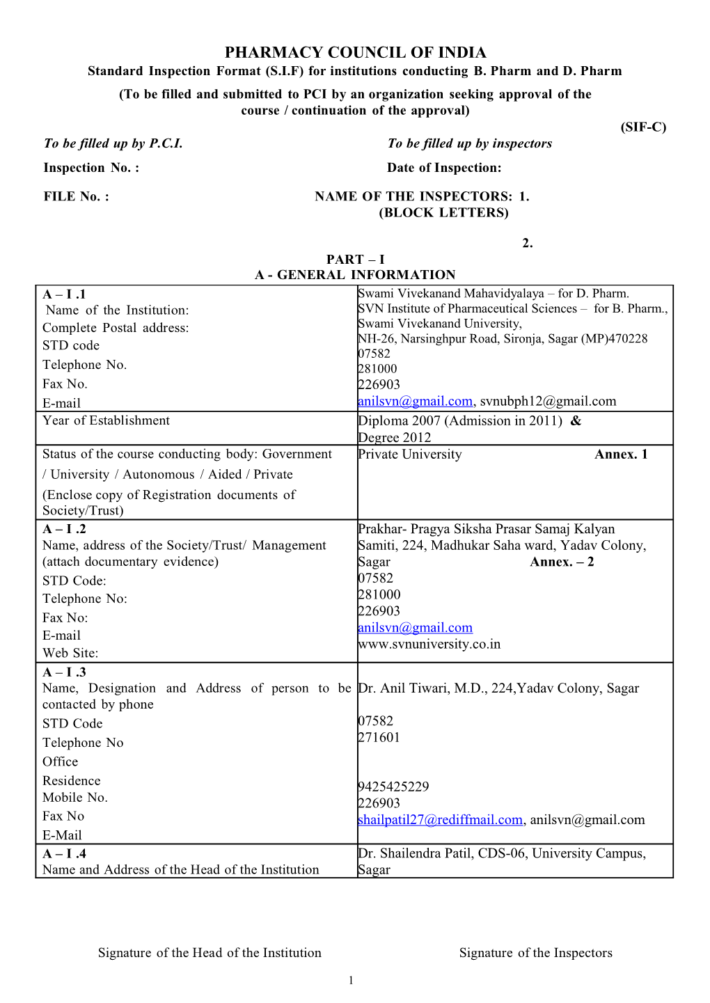 Standardinspectionformat(S.I.F)Forinstitutionsconductingb.Pharmand D.Pharm