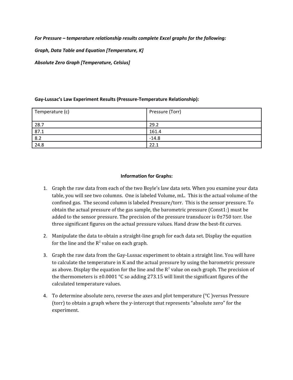 For Pressure Temperature Relationship Results Complete Excel Graphs for the Following