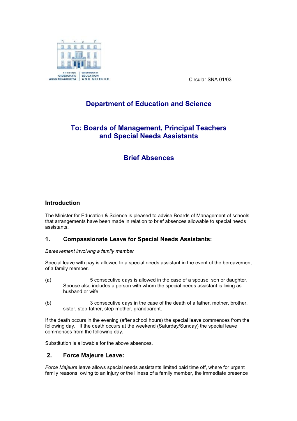 SNA Circular 01/03 - Brief Absences (File Format Word 43KB)