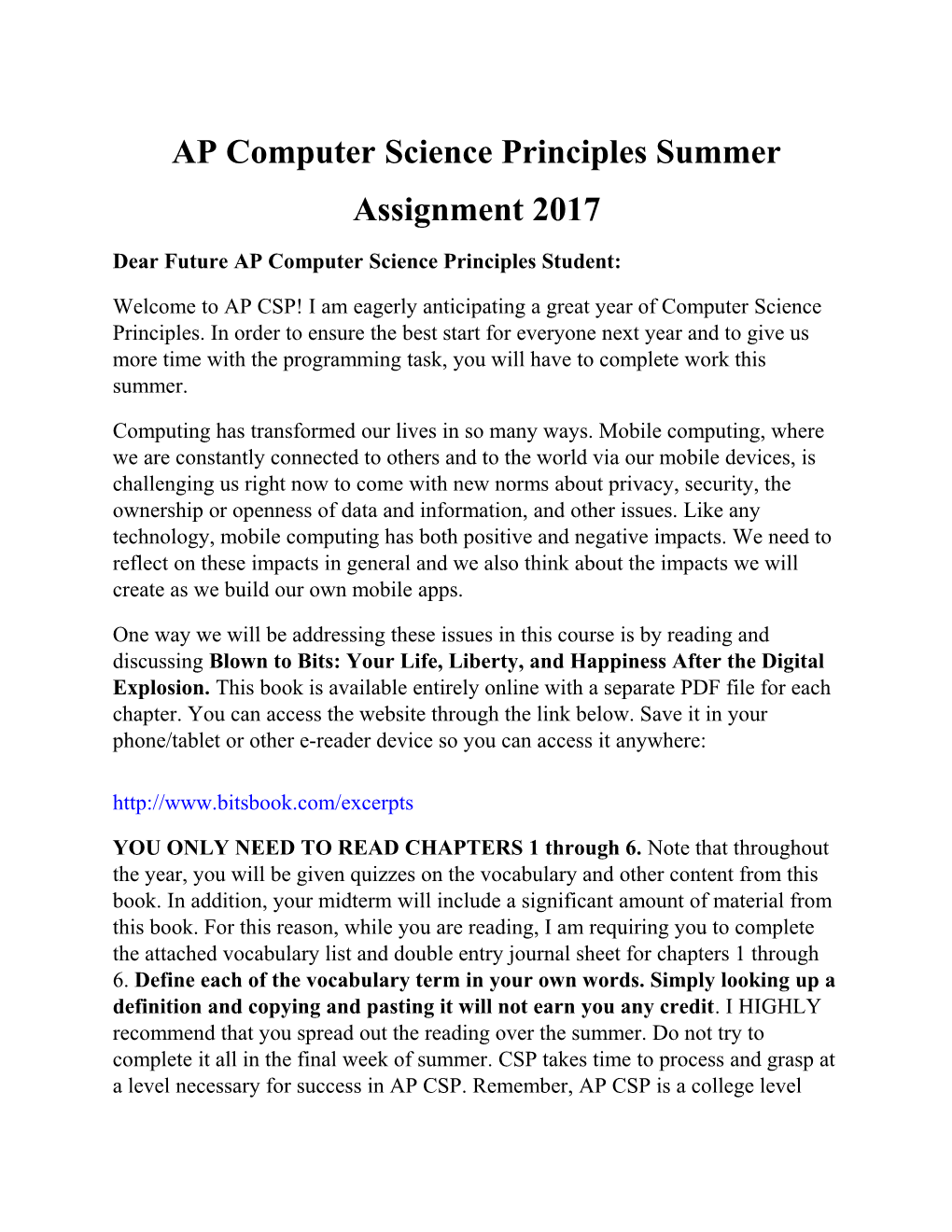 AP Computer Science Principles Summer Assignment 2017