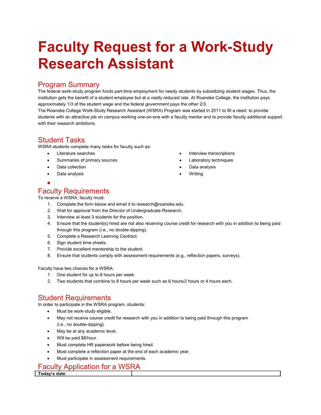 Faculty Request for a Work-Study Research Assistant