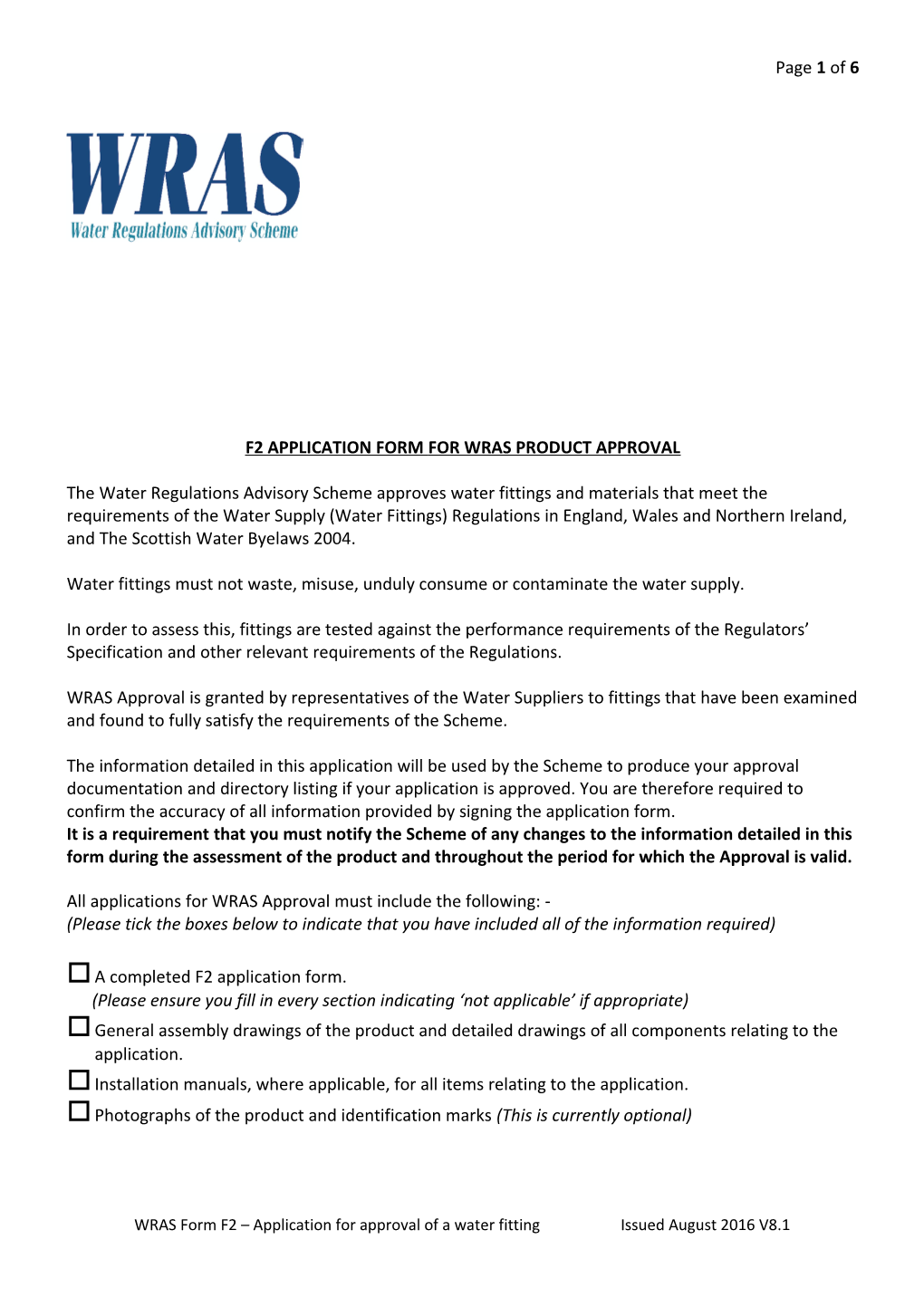 F2 Application Form for Wras Product Approval