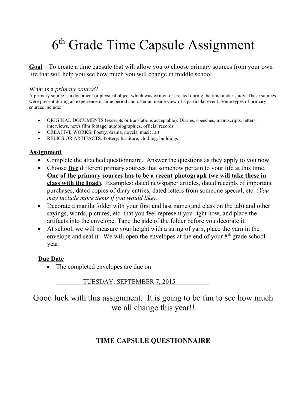 8Th Grade Time Capsule Assignment