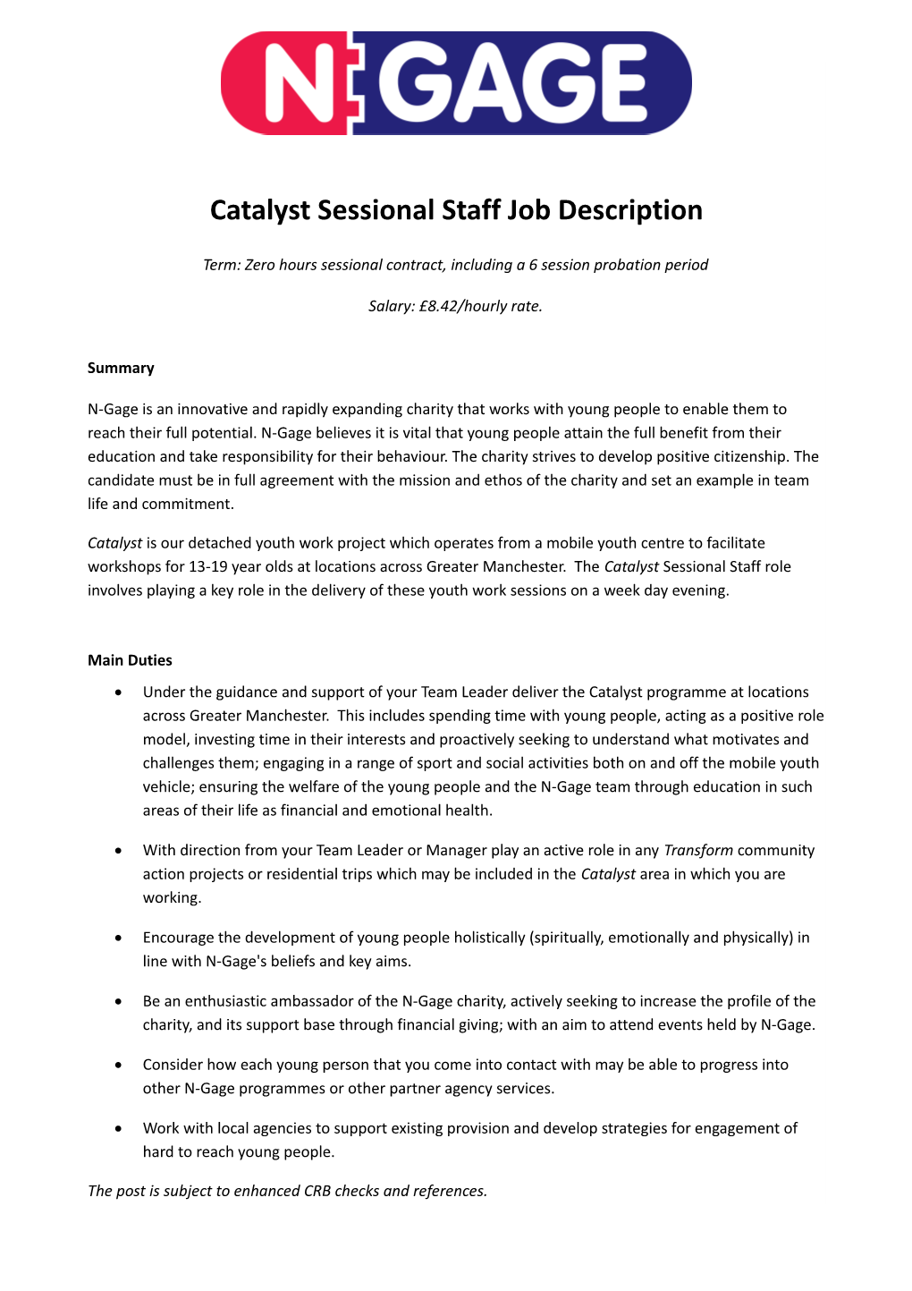 Catalyst Sessional Staff Job Description