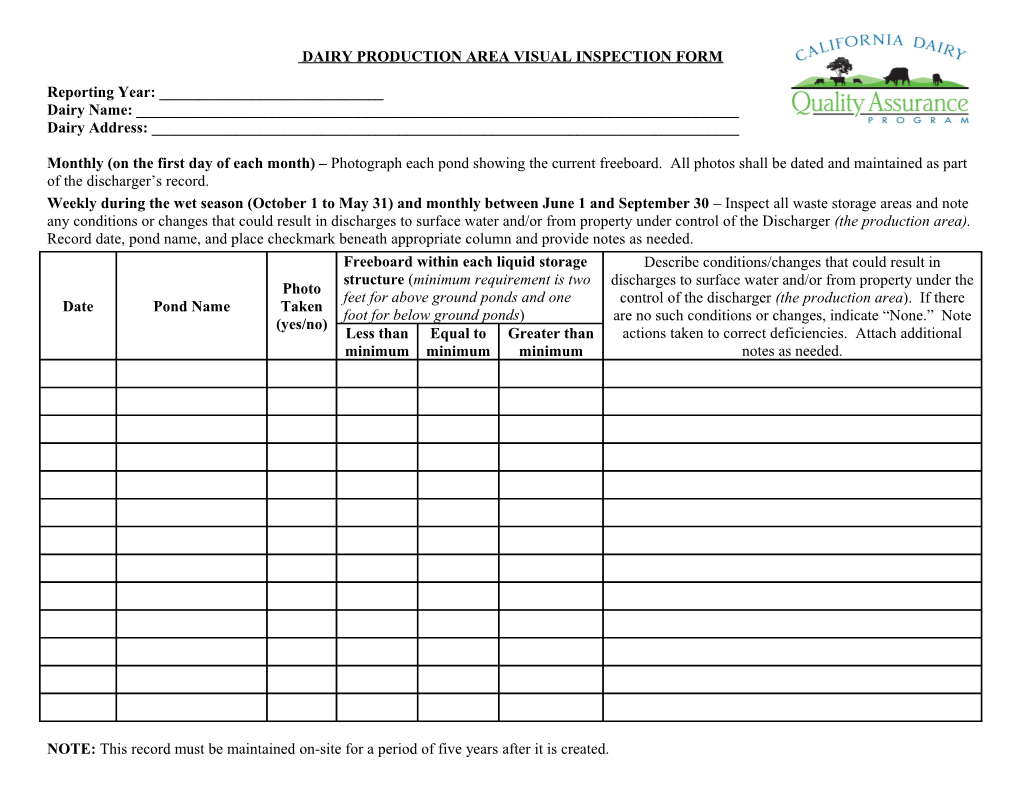 Annual Dairy Production Area Visual Inspection Form