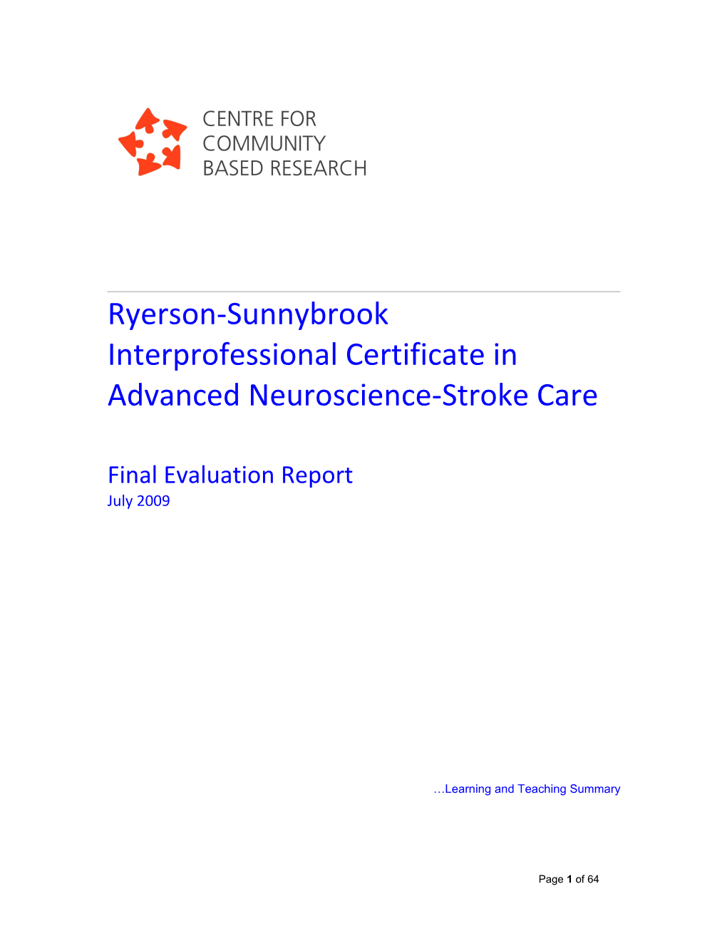 Ryerson-Sunnybrook Interprofessional Certificate in Advanced Neuroscience-Stroke Care