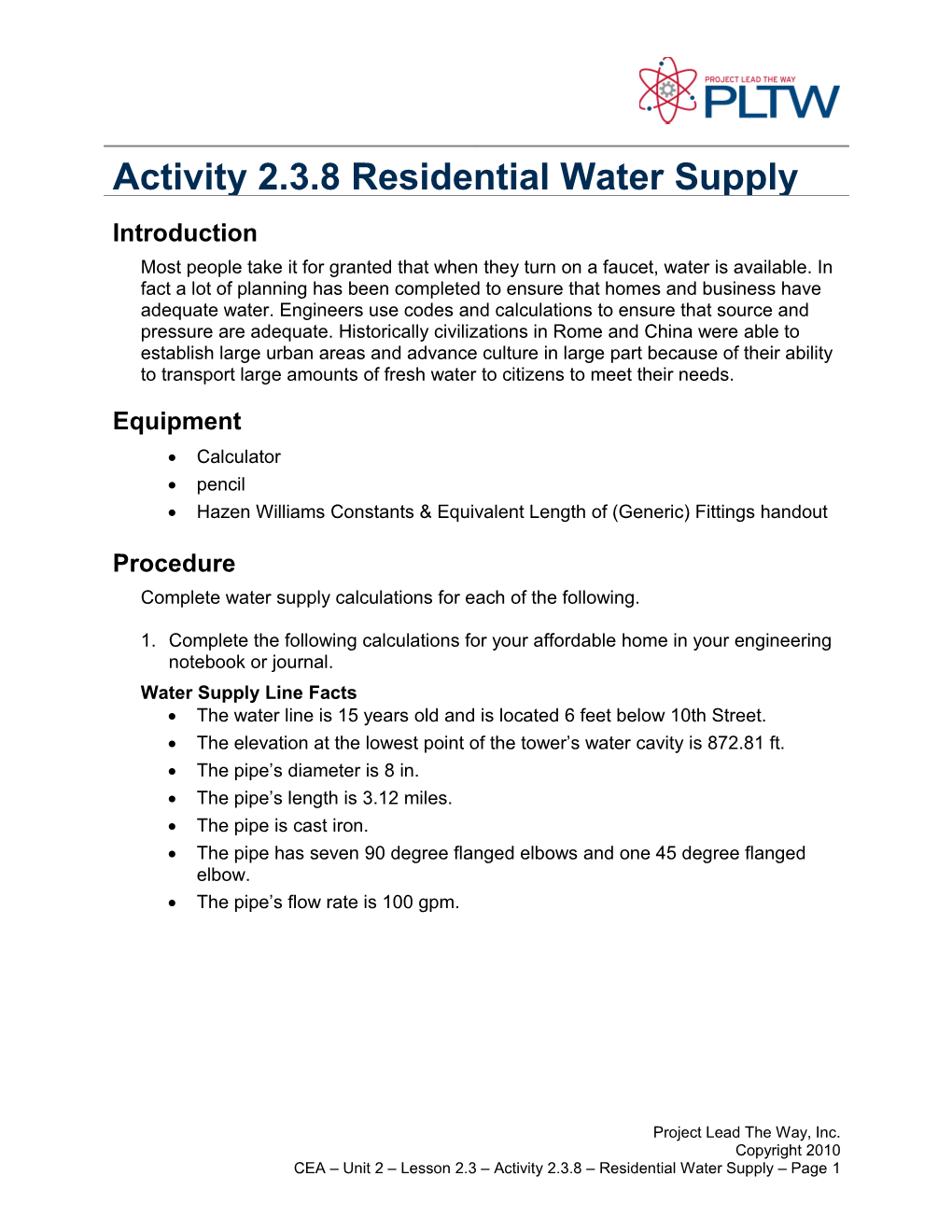 Activity 2.3.8 Residential Water Supply