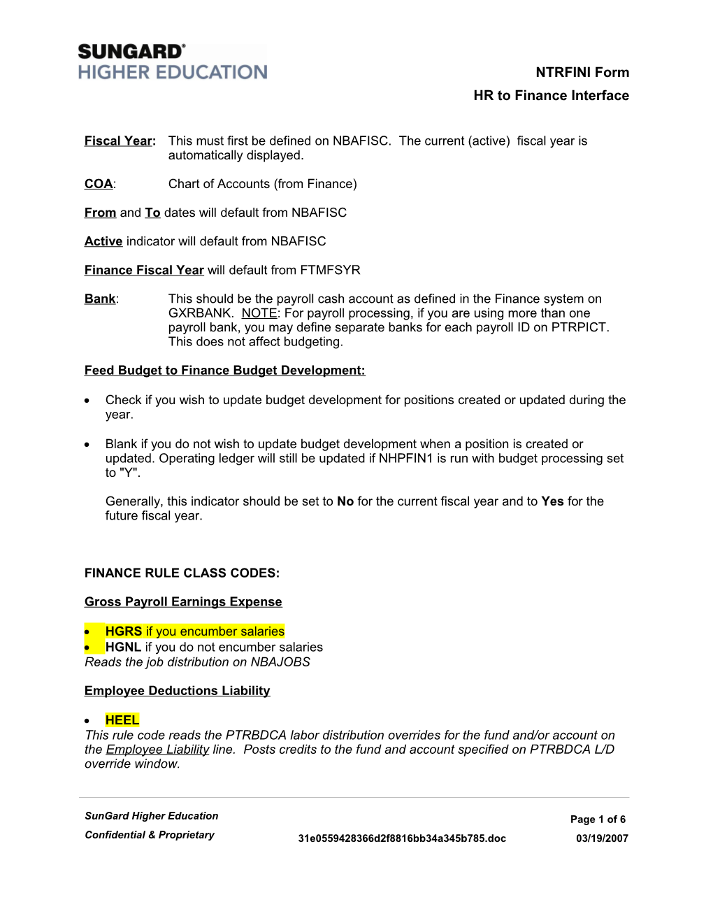 NTRFINI - HR/Finance Set up Form