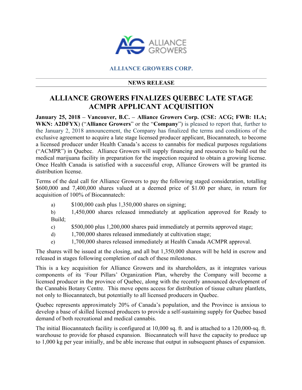 Alliance Growers Finalizes Quebec Late Stage Acmpr Applicant Acquisition