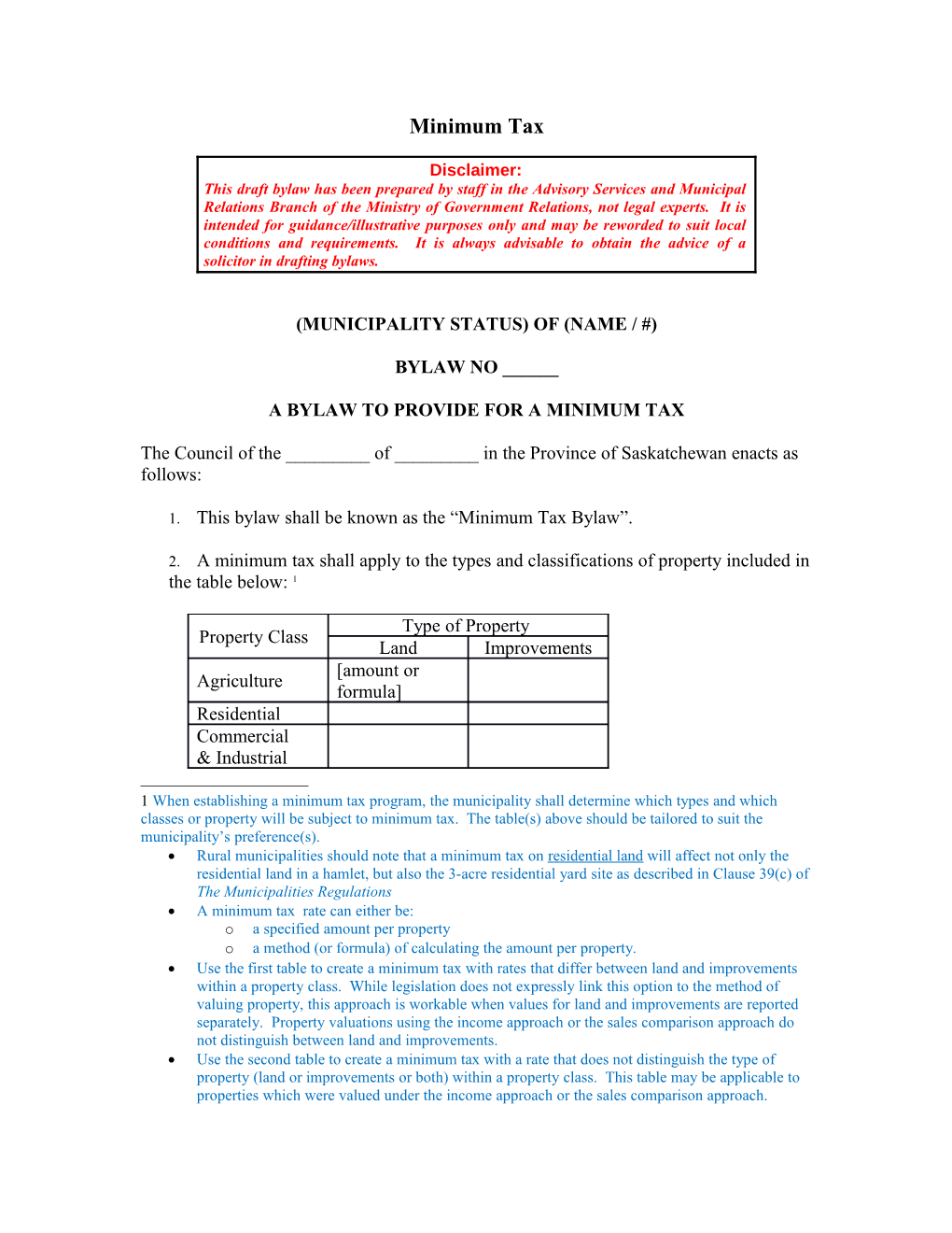 A Bylaw to Provide for a Minimum Tax