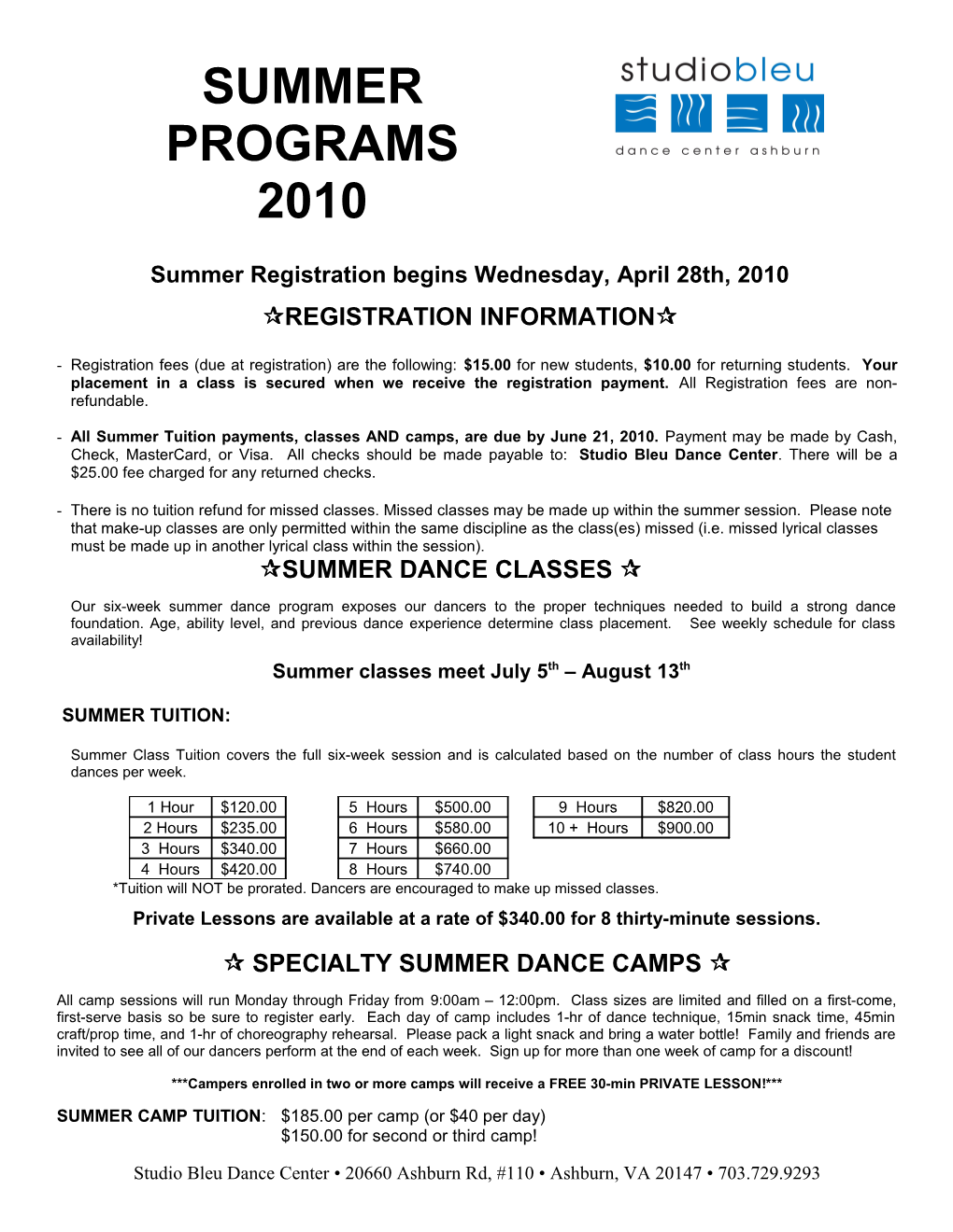 Summer Registration Begins Wednesday, April 28Th, 2010