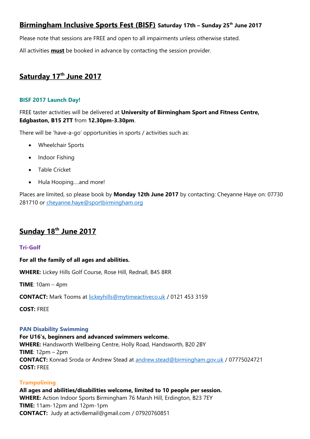 Birmingham Inclusive Sports Fest (BISF)Saturday 17Th Sunday 25Thjune 2017
