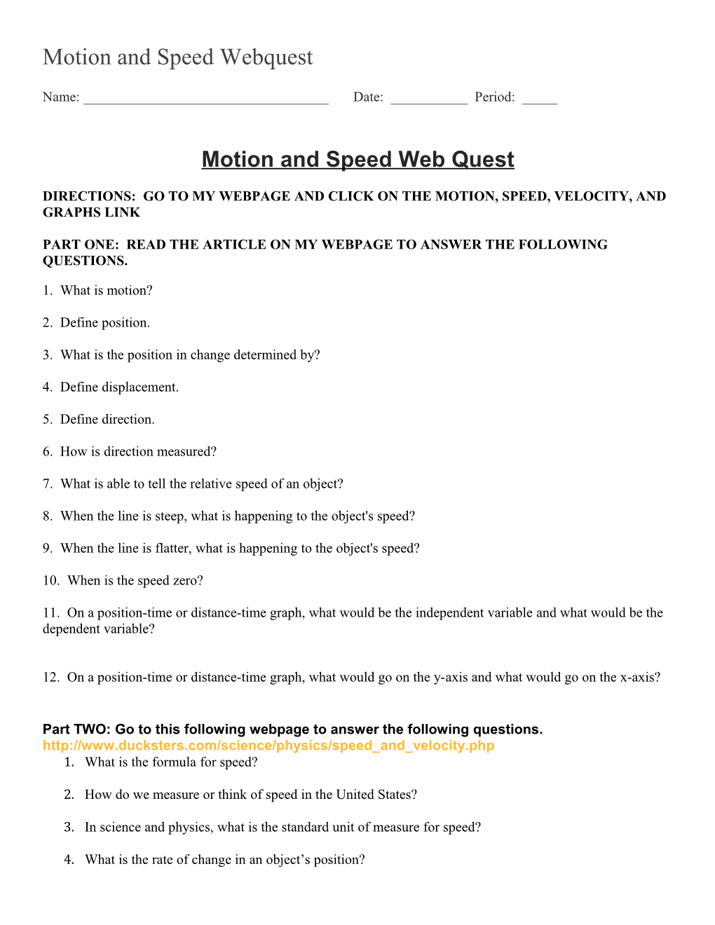 Motion and Speed Web Quest