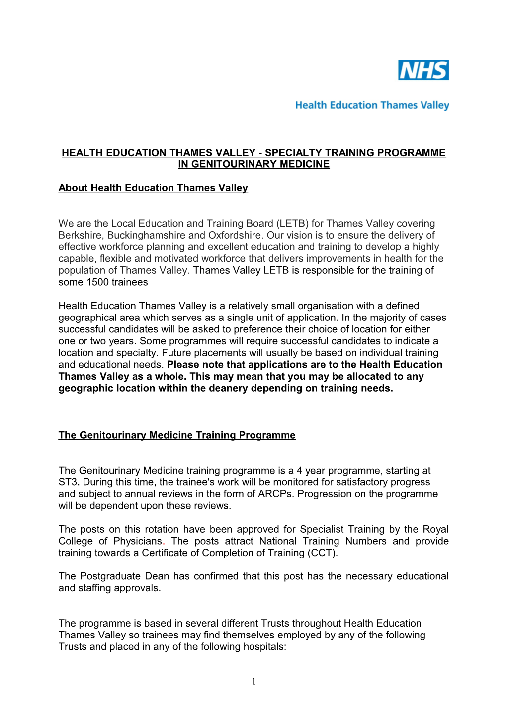 Health Education Thames Valley - Specialty Training Programme in Genitourinary Medicine