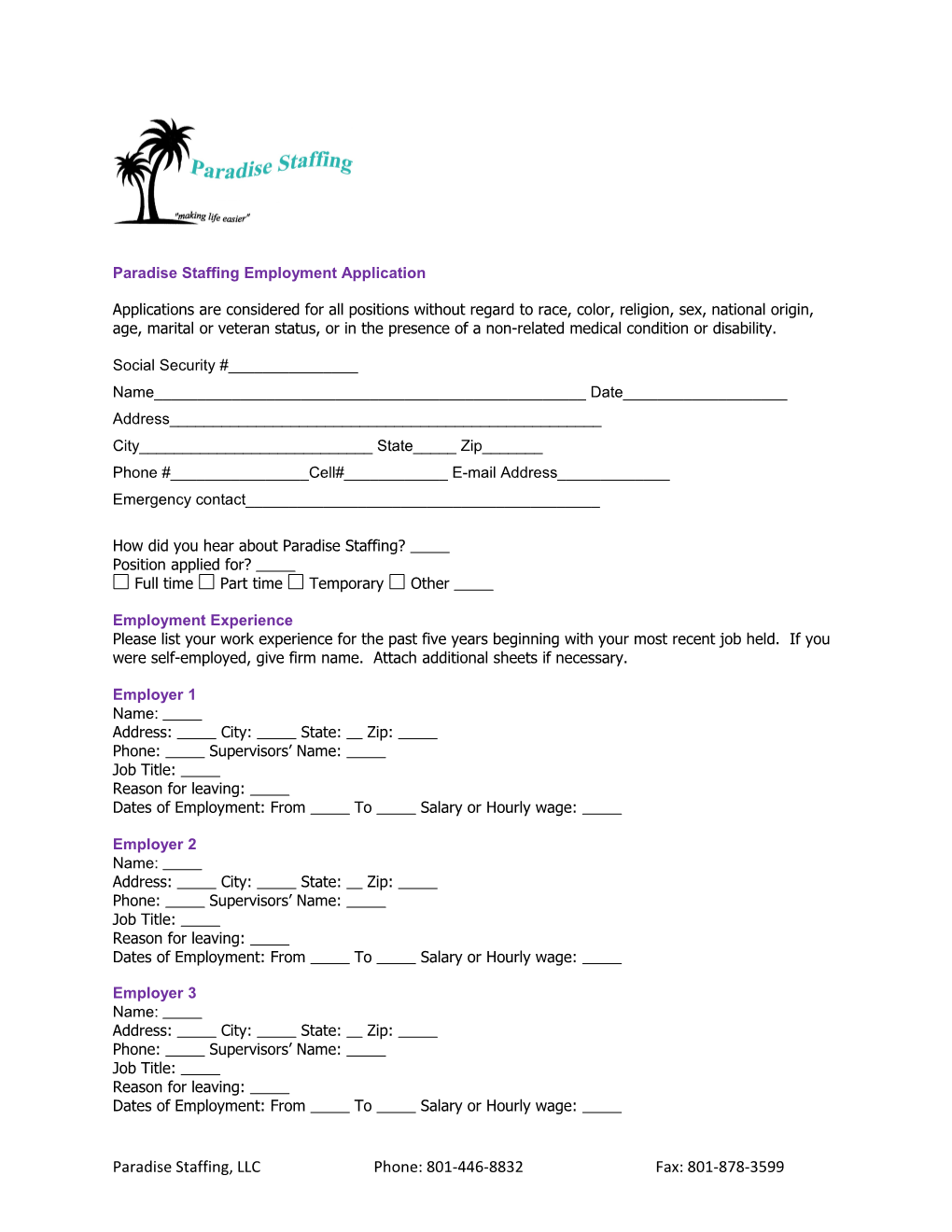Paradise Staffing Employment Application