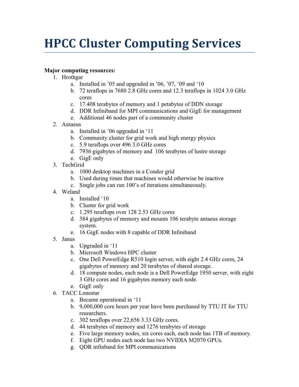 HPCC Major Compute Clusters