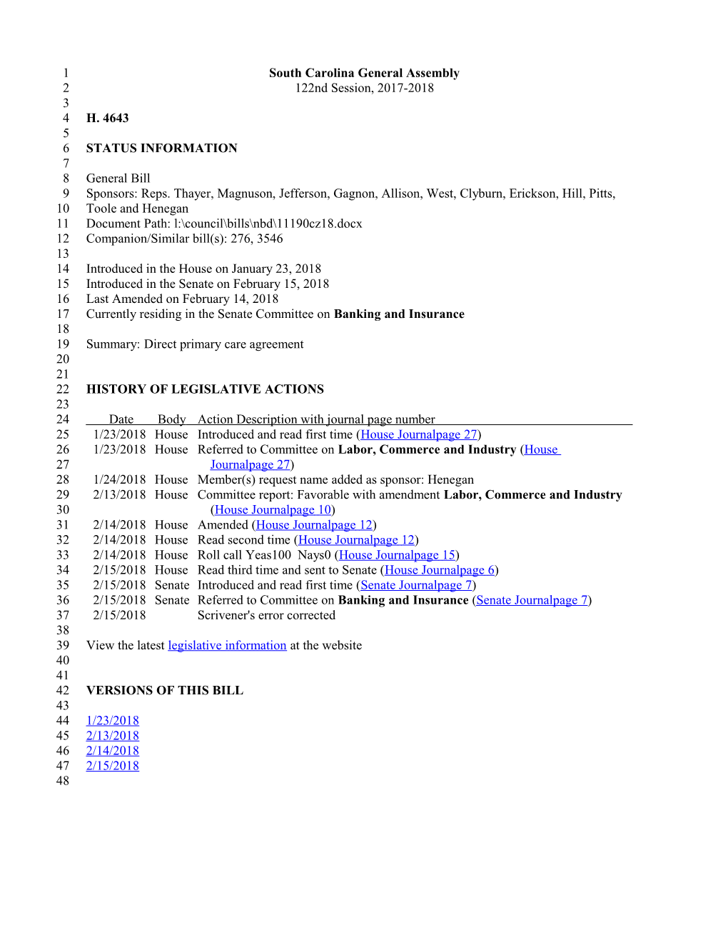 2017-2018 Bill 4643: Direct Primary Care Agreement - South Carolina Legislature Online